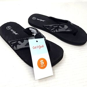 Cat & Jack Boys Black Flip Flops‎ Camo Beach Sandals Lightweight Size 13 /1
